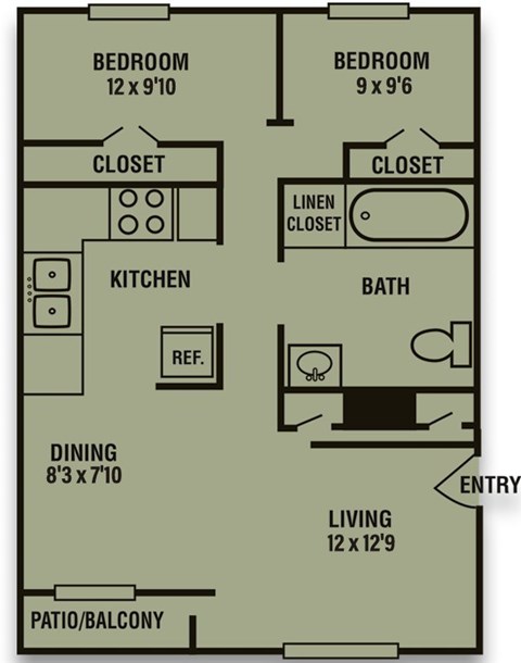 Floor plan for 2 beds, 1 bath, 766 sqft